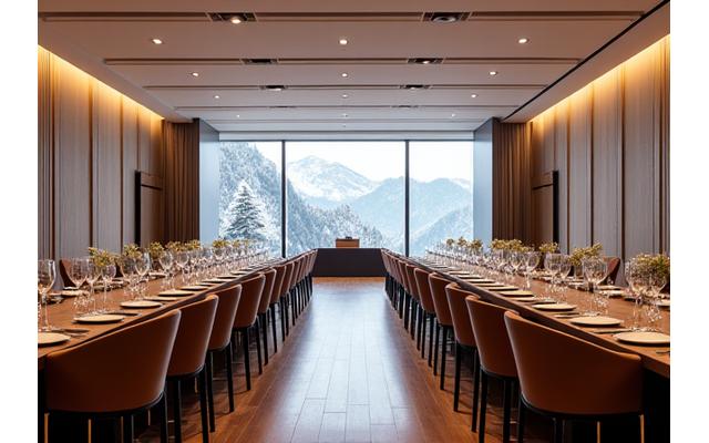 Grosser Konferenzraum mit modernem Mobiliar und Blick auf die Berge, optimal für Galas und grosse Konferenzen.