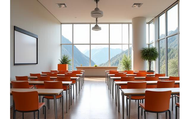 Heller Seminarraum mit bequemen Stühlen und flexiblem Setup für Workshops.