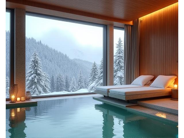Modernes Spa mit Sauna und Blick auf die verschneite Berglandschaft