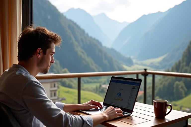 Junge Frau arbeitet entspannt vom Laptop auf einem Hotelbalkon mit Bergblick
