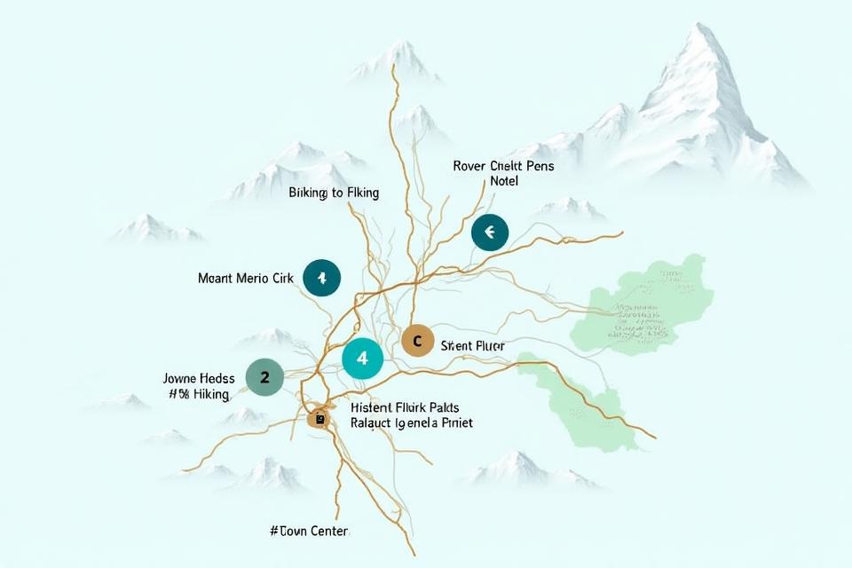 Übersichtskarte von Zermatt mit wichtigen Sehenswürdigkeiten und Hotelstandort, symbolisch als Skigebiet dargestellt
