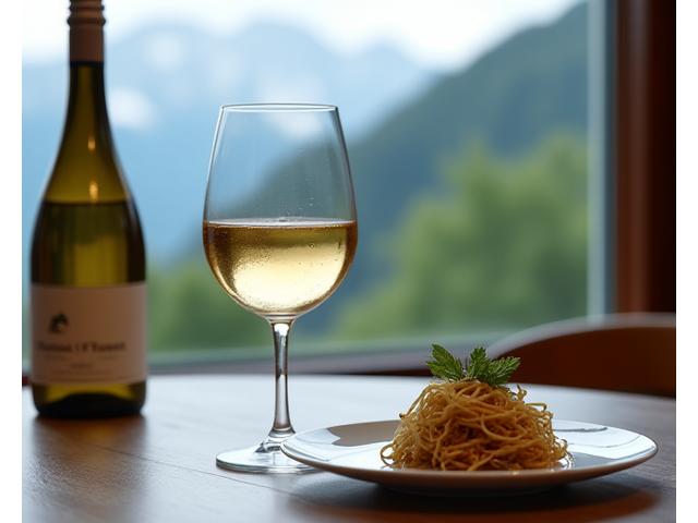 Ein Glas biodynamischer Schweizer Wein akzentuiert eine vegane Speise, im Hintergrund eine Flasche und eine alpine Landschaft.