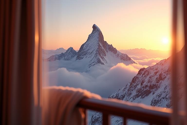 Sonnenaufgang über dem Matterhorn vom Hotelzimmerbalkon des Alpenblick Hotel